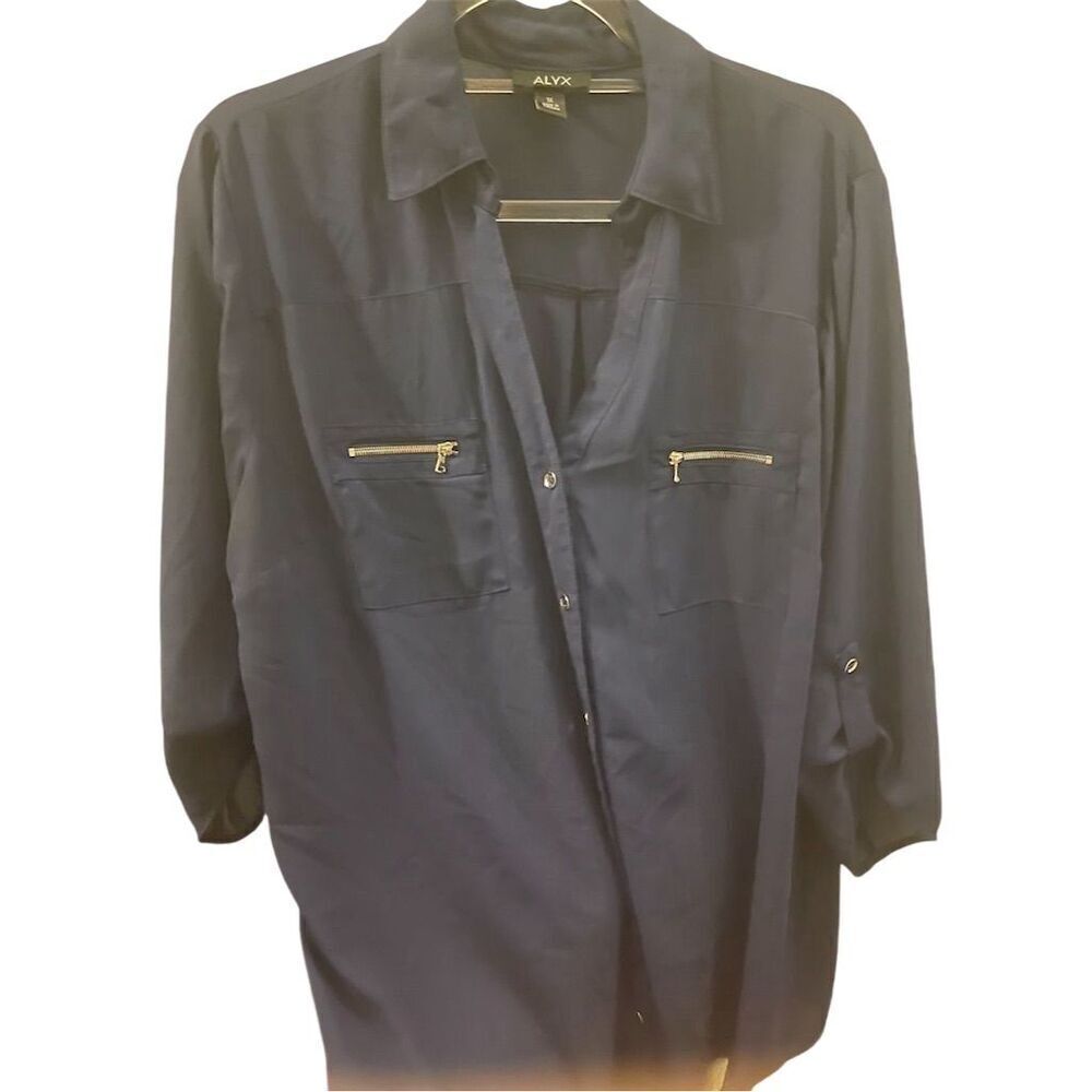 Alyx Women's M Blue V-Neck Long Sleeve Blouse w/ Gold Zipper Pockets